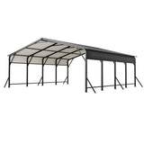 A long, dark grey and light grey galvanized steel carport canopy with a peaked roof and a heavy-duty triangle reinforced frame.