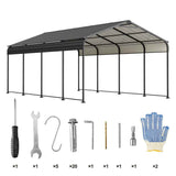 A NatureScape Living heavy-duty steel carport with a dark gray roof, black reinforced frame, and essential assembly tools.