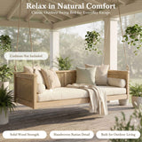 A TOPMAX solid light wood swing bed with handwoven rattan detail and cream cushions hangs on a serene outdoor porch.