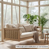 TOPMAX outdoor solid wood twin swing bed in light wood and rattan, suspended in a sunroom. Pillows, cushions, blanket not included.