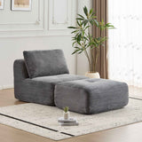 A grey corduroy Pet Modern Memory Foam Compressed Single Chaise Lounge Sofa with an ottoman in a modern living room.