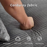 A hand presses the gray corduroy of the Modern Memory Foam Chaise Lounge Sofa, highlighted as breathable, soft, pet-friendly, and pill-resistant.