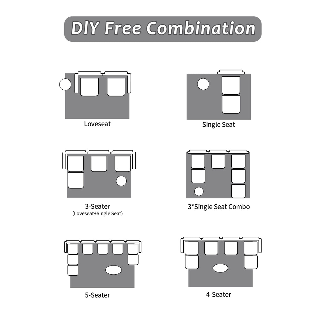 Top-down view of six modular configurations for the Modern Memory Foam Compressed Sofa, illustrating 'DIY Free Combination' options.