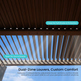 A brown 10x12 Louvered Pergola by NatureScape Living, displaying dual-zone louvers open for sun and breeze or closed for shade and protection.
