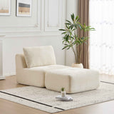 A cream corduroy Pet Modern Memory Foam Compressed Single chaise lounge sofa with an ottoman in a bright living room.