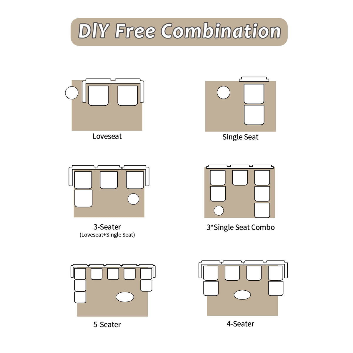 "DIY Free Combination" diagram for NatureScape Living's modular pet sofa, showing light brown units with white cushions.
