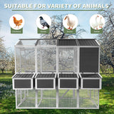 A spacious NatureScape Living Walk-in Chicken Coop with Run for 10 chickens, in white mesh and dark grey, suitable for various animals.
