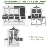 NatureScape Living's white and grey 3-Tier Walk-in Chicken Coop for 10 Chickens, featuring spacious wire runs and multiple nesting boxes.