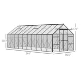 A structural diagram of NatureScape Living's long aluminum and polycarbonate walk-in greenhouse kit with a peaked roof.