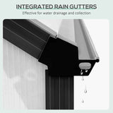 NatureScape Living's walk-in greenhouse features black integrated rain gutters, effectively draining and collecting water with visible drips.
