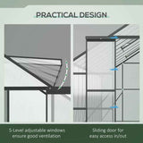 Practical design of the Walk-in Green House Kit with 5-level adjustable windows for ventilation and a sliding door.