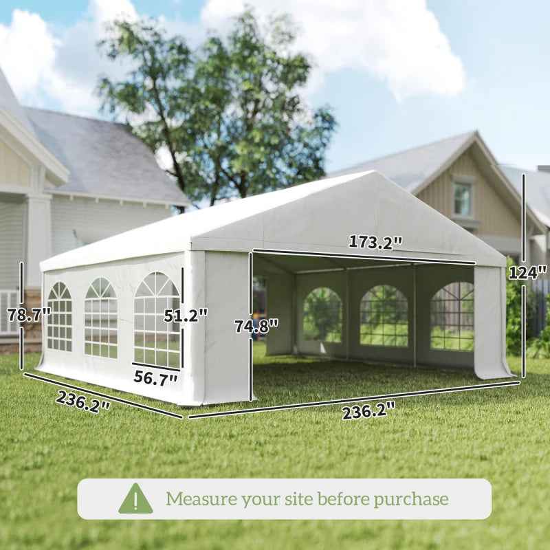 A white heavy-duty NatureScape Living Wedding Party Tent with arched window sidewalls stands on a green lawn.