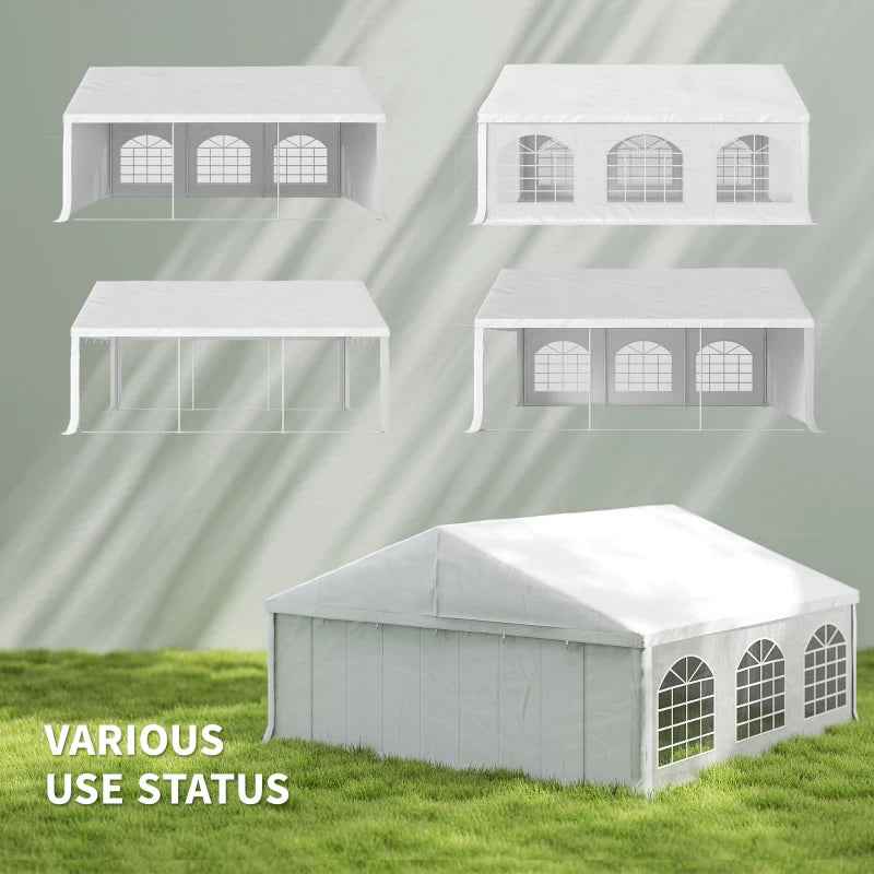 A large white NatureScape Living Heavy-Duty Wedding Party Tent with arched windows on grass, with smaller tent examples illustrating various use statuses.