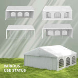 A large white NatureScape Living Heavy-Duty Wedding Party Tent with arched windows on grass, with smaller tent examples illustrating various use statuses.