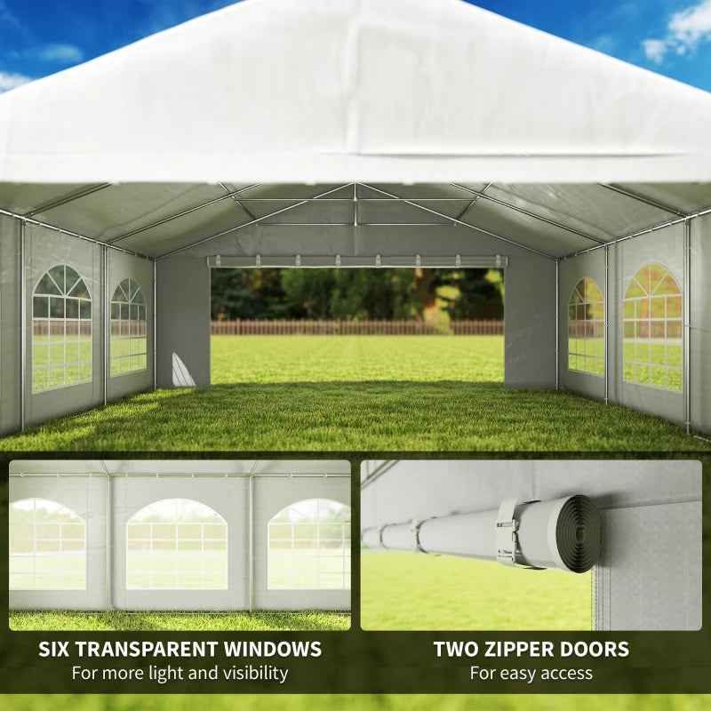 A white NatureScape Living Wedding Party Tent with six transparent windows and two zipper doors on a green lawn.