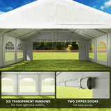A white NatureScape Living Wedding Party Tent with six transparent windows and two zipper doors on a green lawn.
