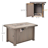 A NatureScape Living 42" Wicker Propane Fire Pit Table with a wood-look top, shown with the door open revealing propane tank storage.
