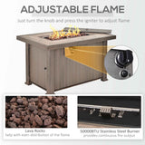 A NatureScape Living 30,000 BTU wicker propane fire pit table with an adjustable flame, lava rocks, and 50,000 BTU stainless steel burner.