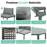 Close-ups showcase the grey TOPMAX 8-Piece Half Moon Sofa Set's durable PE wicker rattan, aluminum frame, zippered cushions, and tempered glass tabletop.