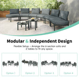 The grey wicker rattan TOPMAX 8-Piece Half Moon Sofa Set with modular sections and two tables is flexibly arranged on an outdoor patio.