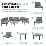 A customizable TOPMAX 8-Piece Half Moon Patio Sofa Set in grey, including curved sectionals, single chairs, and two round tables.
