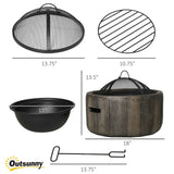 Outsunny 18-inch wood burning fire pit featuring a rustic wood-look base, a black mesh spark cover, fire bowl, grill, and poker.