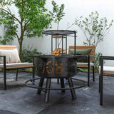 NatureScape Living's multifunctional wood burning fire pit with BBQ grill and cutout pattern, set on an outdoor patio.