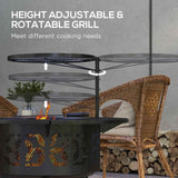 NatureScape Living's multifunctional wood burning fire pit and charcoal BBQ grill with a height-adjustable, rotatable grill over a fire.