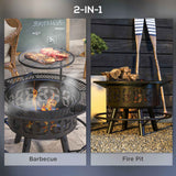 NatureScape Living's 2-in-1 black metal Wood Burning Fire Pit shown as a charcoal BBQ grill cooking meat and a log fire pit.