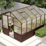 NatureScape Living's 8x10 FT Cedar Greenhouse Kit with dark wood, polycarbonate panels, open door, and roof vents.