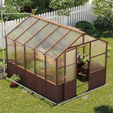 A dark wood NatureScape Living greenhouse kit with translucent polycarbonate panels sits on a green lawn, revealing a plant-filled interior.