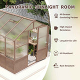 NatureScape Living's 8x10 FT Cedar Wood Greenhouse Kit, a sunlight room with dark wood frame, polycarbonate panels, UV and rust-resistant.