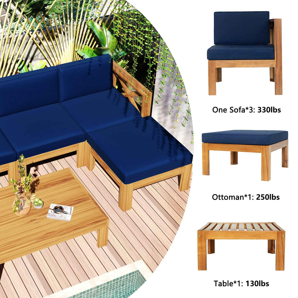 A TOPMAX 5-piece wood patio sectional with blue cushions on a deck, with detailed views of the sofa, ottoman, and table.