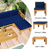 A TOPMAX 5-piece wood patio sectional with blue cushions on a deck, with detailed views of the sofa, ottoman, and table.