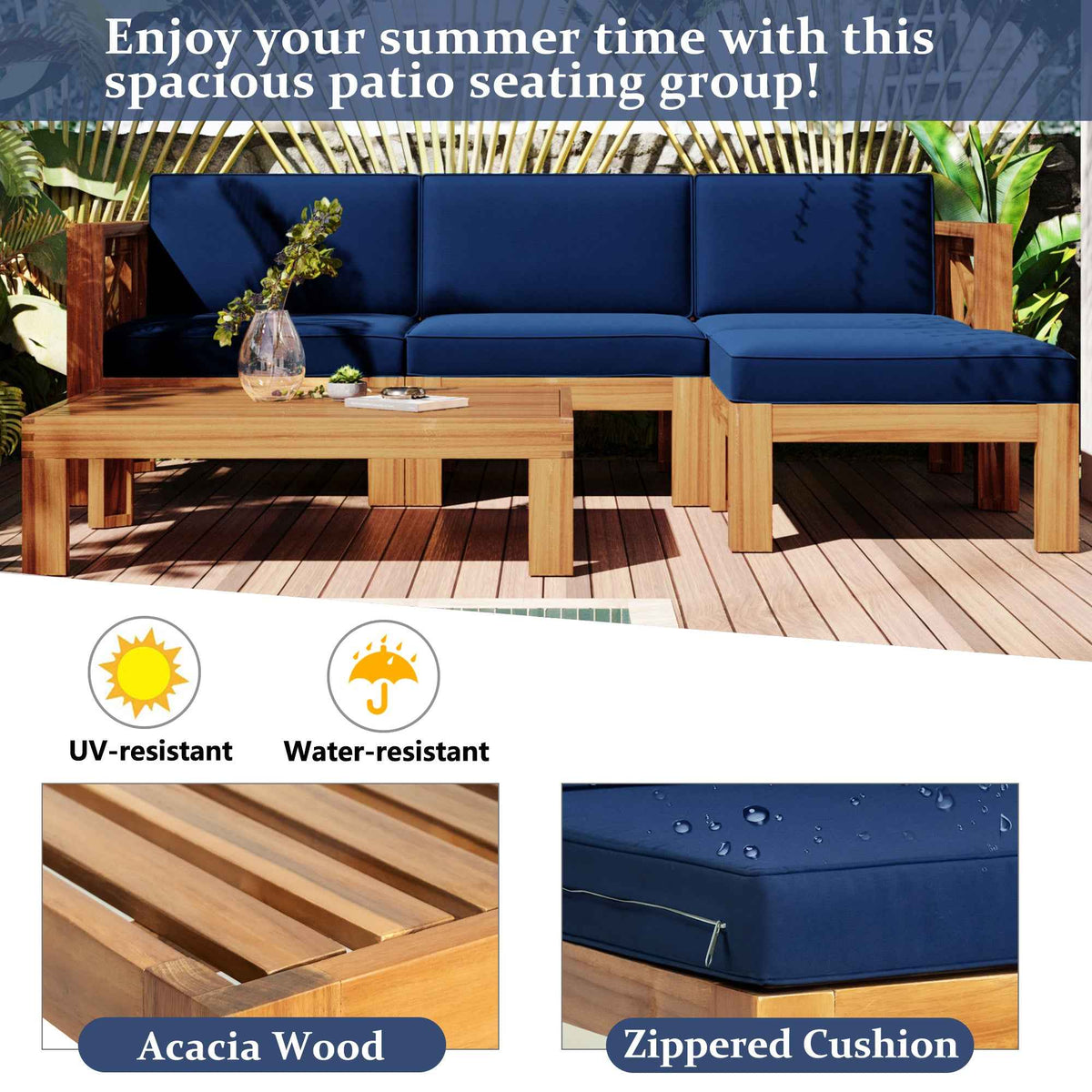 TOPMAX 5-piece Wood Patio Sectional with blue, UV/water-resistant zippered cushions and acacia wood frame.