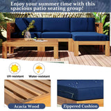 TOPMAX 5-piece Wood Patio Sectional with blue, UV/water-resistant zippered cushions and acacia wood frame.