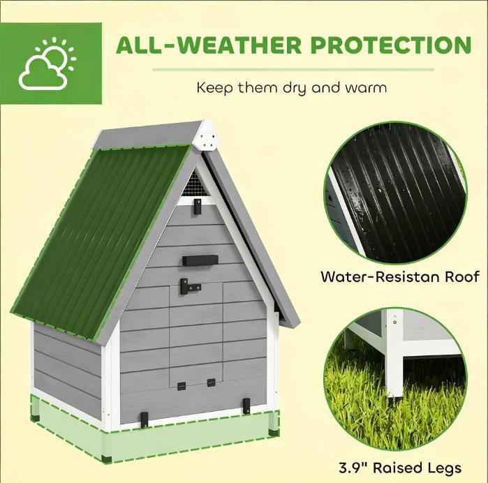 NatureScape Living's grey wooden pet house, with a green corrugated roof, offers all-weather protection from its water-resistant design and raised legs.