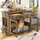 A dark wood 44.48" Large Dog Crate Furniture by NatureScape Living, with a happy golden retriever on a blue cushion and open storage drawers.