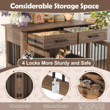 This stylish dark brown Wooden Dog Kennel Furniture features considerable storage, four sturdy locks, rotating food bowls, and a dog inside.
